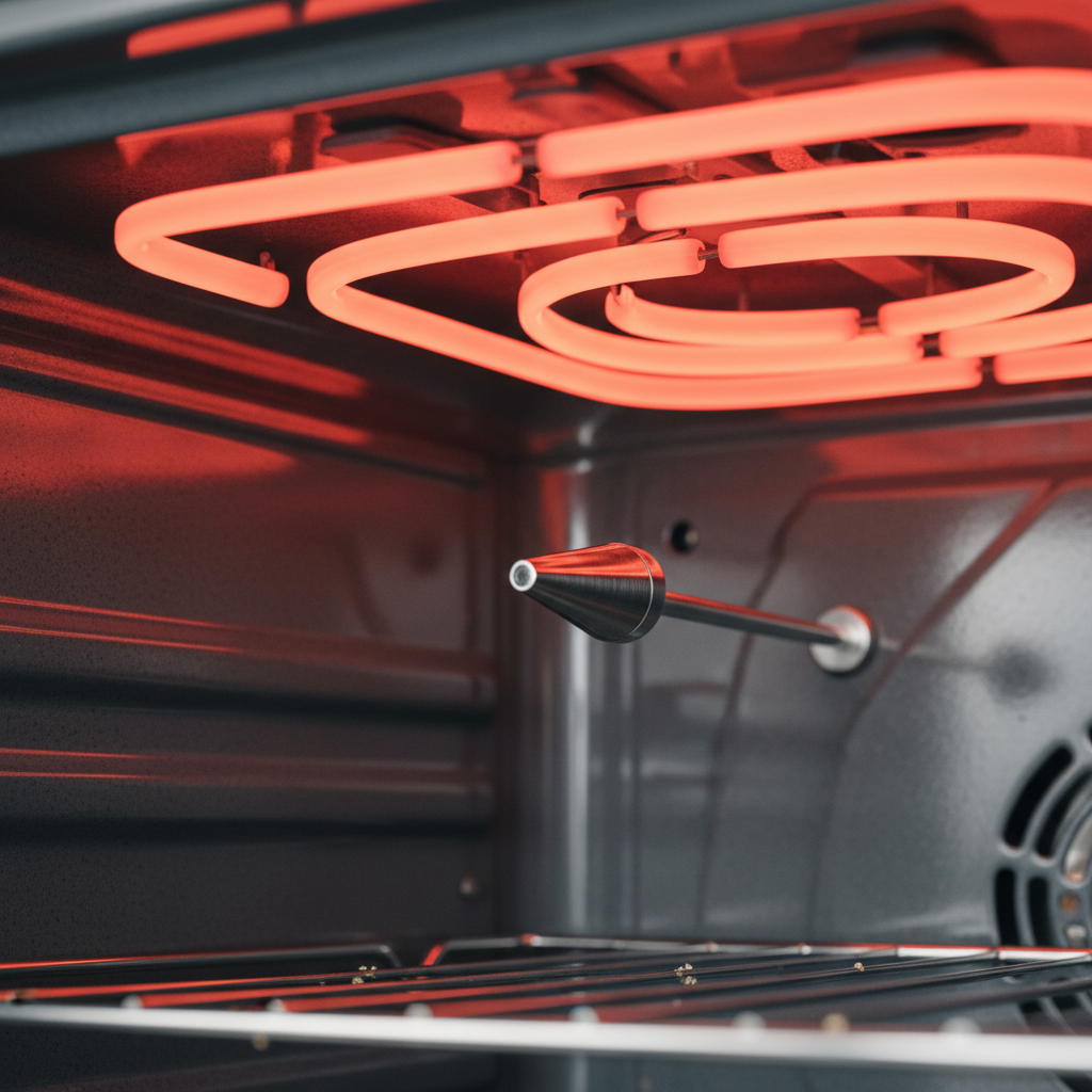 Inside an oven, showing a glowing red heating element and a temperature sensor probe.