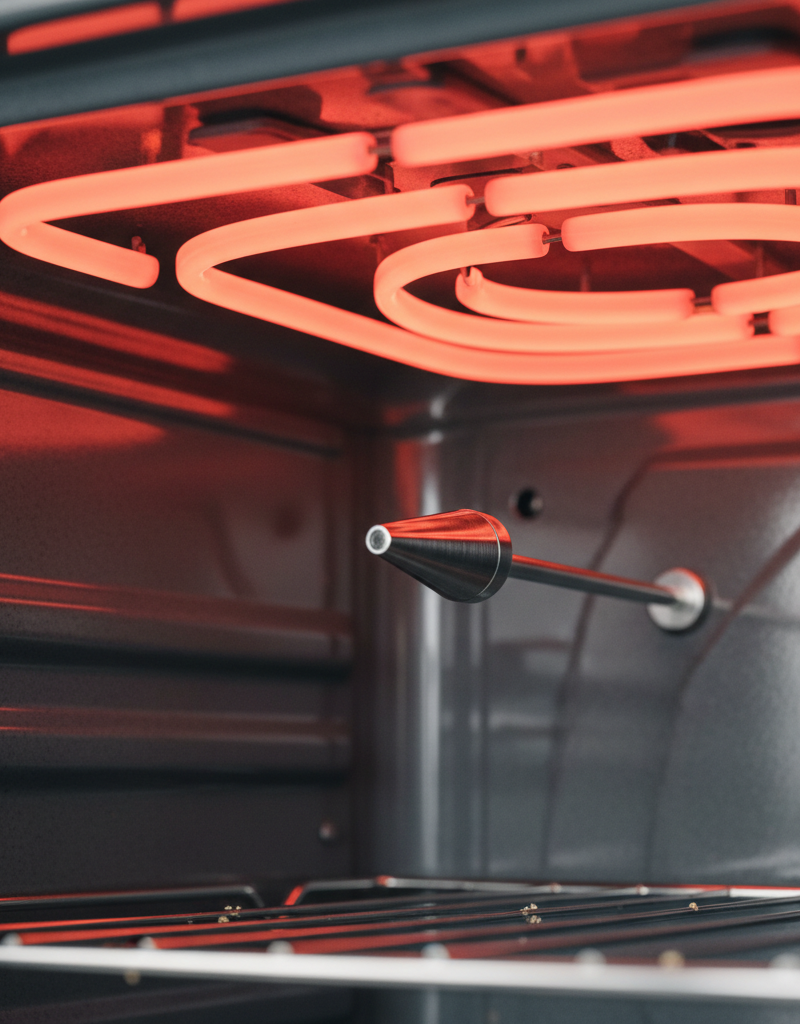 Inside an oven, showing a glowing red heating element and a temperature sensor probe.
