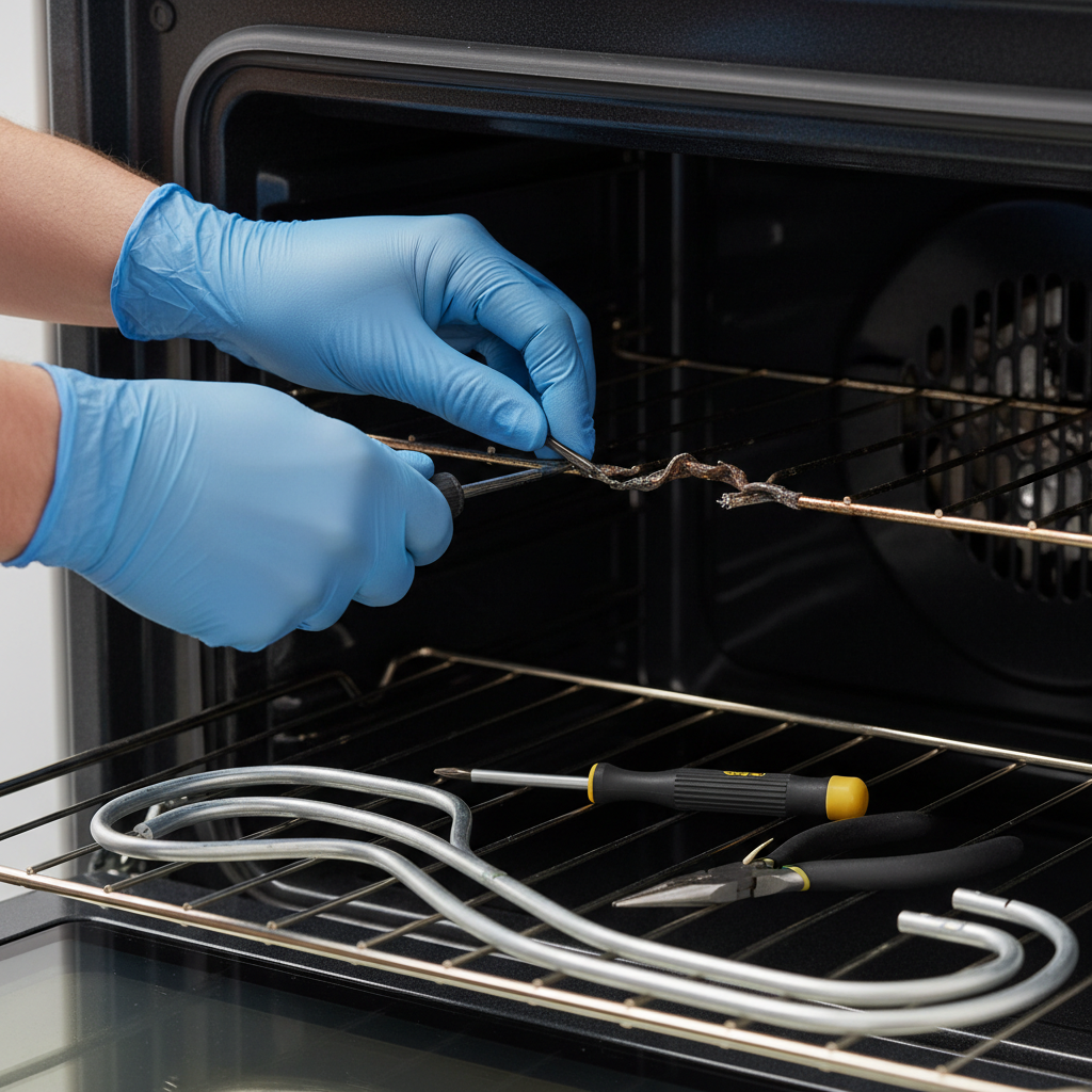 Homeowner repairing oven bake element by disconnecting wires from a broken element.