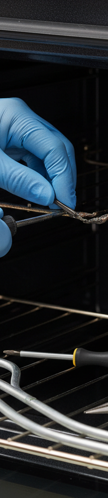 Homeowner repairing oven bake element by disconnecting wires from a broken element.