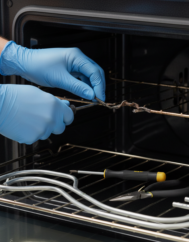 Homeowner repairing oven bake element by disconnecting wires from a broken element.