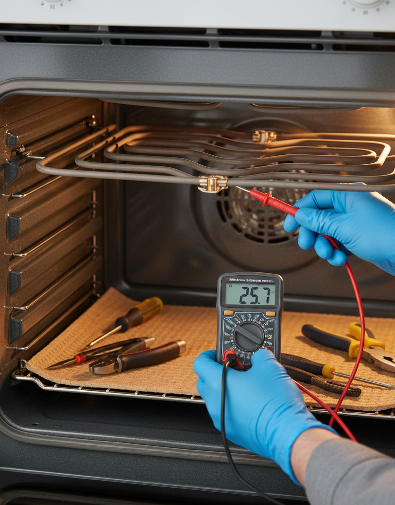 Hands with a multimeter testing an oven heating element or igniter for proper function.