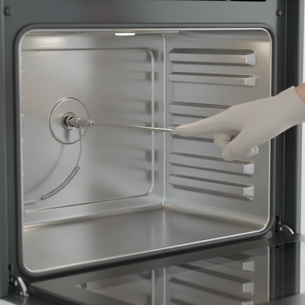 Oven interior with a clear view of the temperature sensor probe and a hand pointing to it.