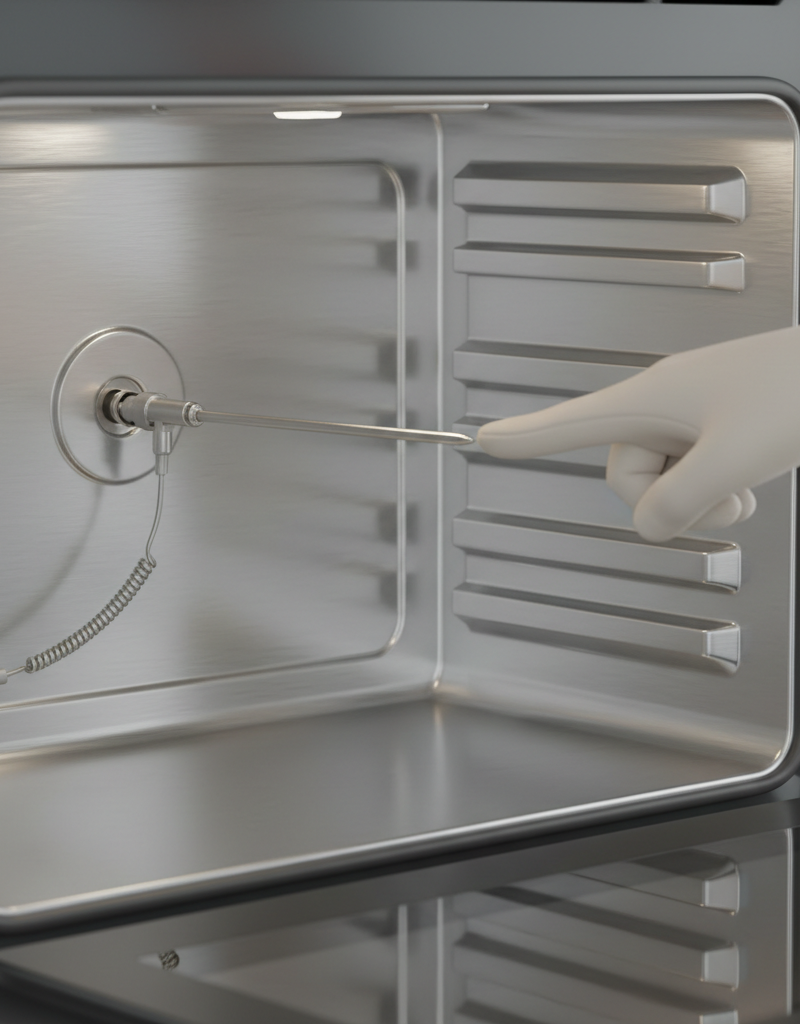 Oven interior with a clear view of the temperature sensor probe and a hand pointing to it.