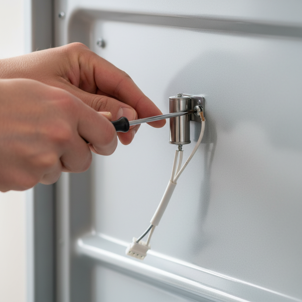 Homeowner removing an old oven temperature sensor with a screwdriver.