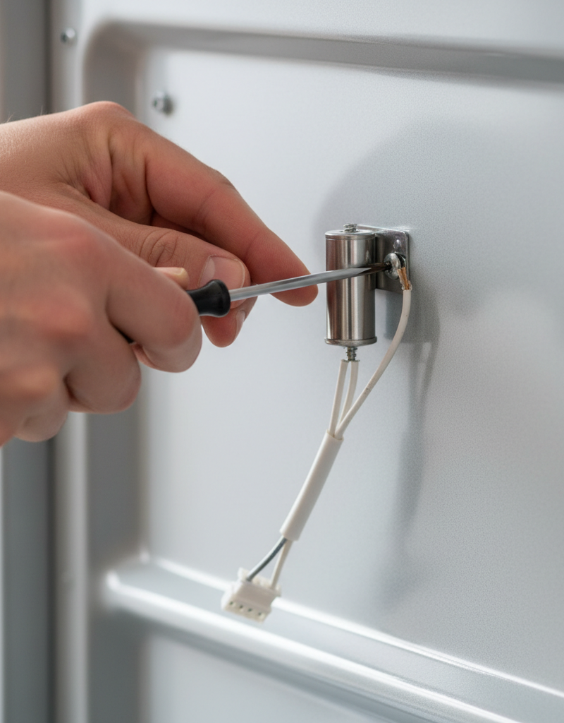 Homeowner removing an old oven temperature sensor with a screwdriver.