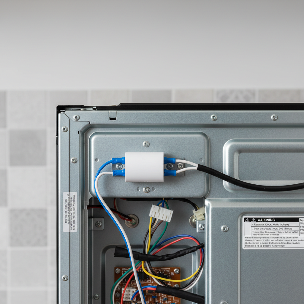 Back of an electric oven with the access panel removed, showing a white thermal fuse.