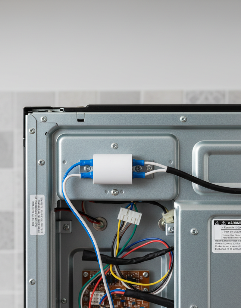 Back of an electric oven with the access panel removed, showing a white thermal fuse.