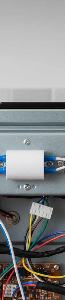 Back of an electric oven with the access panel removed, showing a white thermal fuse.
