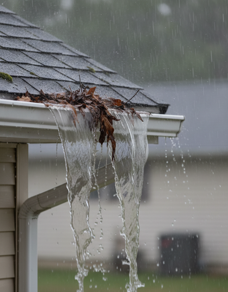 Water overflowing from a clogged house gutter during a heavy rainstorm