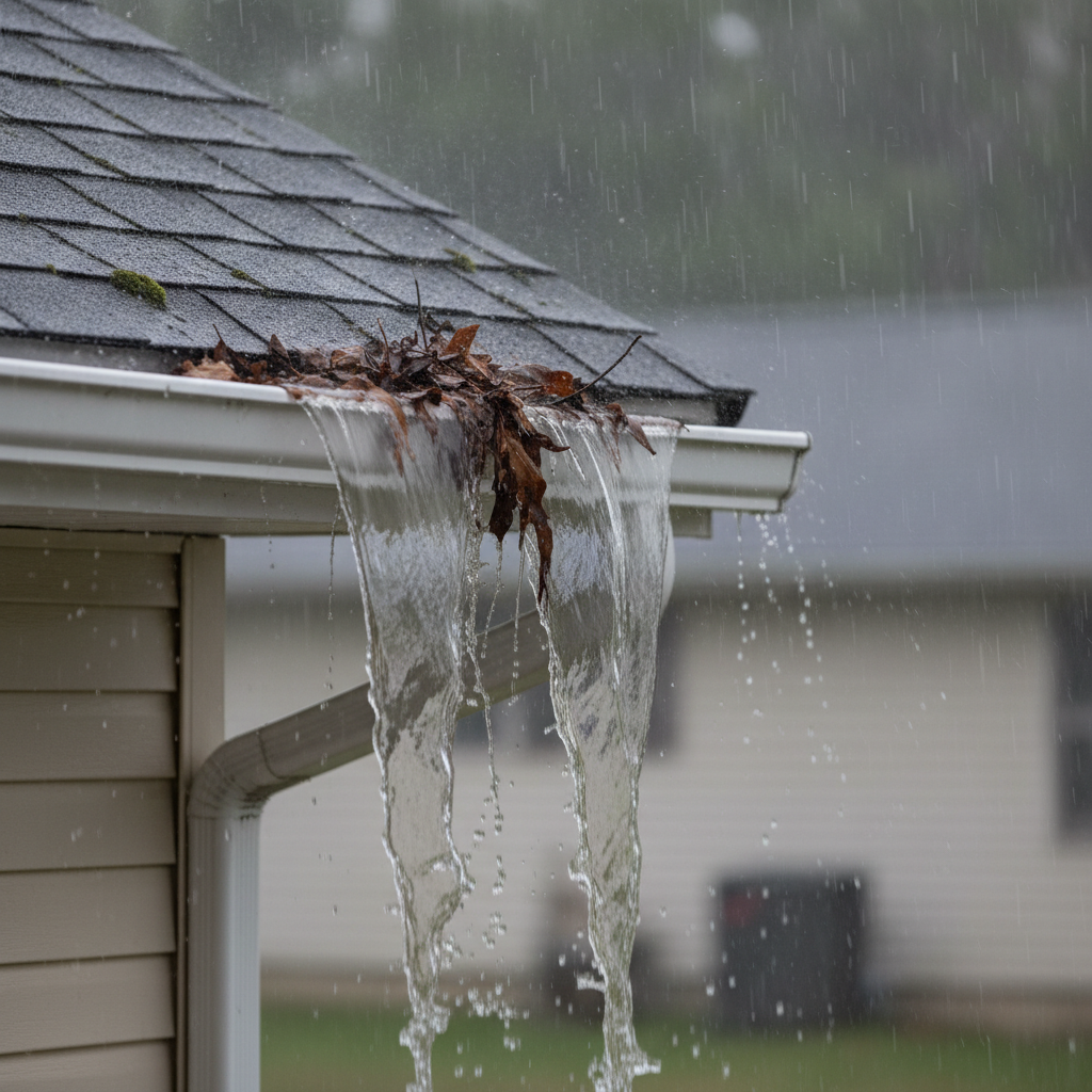 Water overflowing from a clogged house gutter during a heavy rainstorm