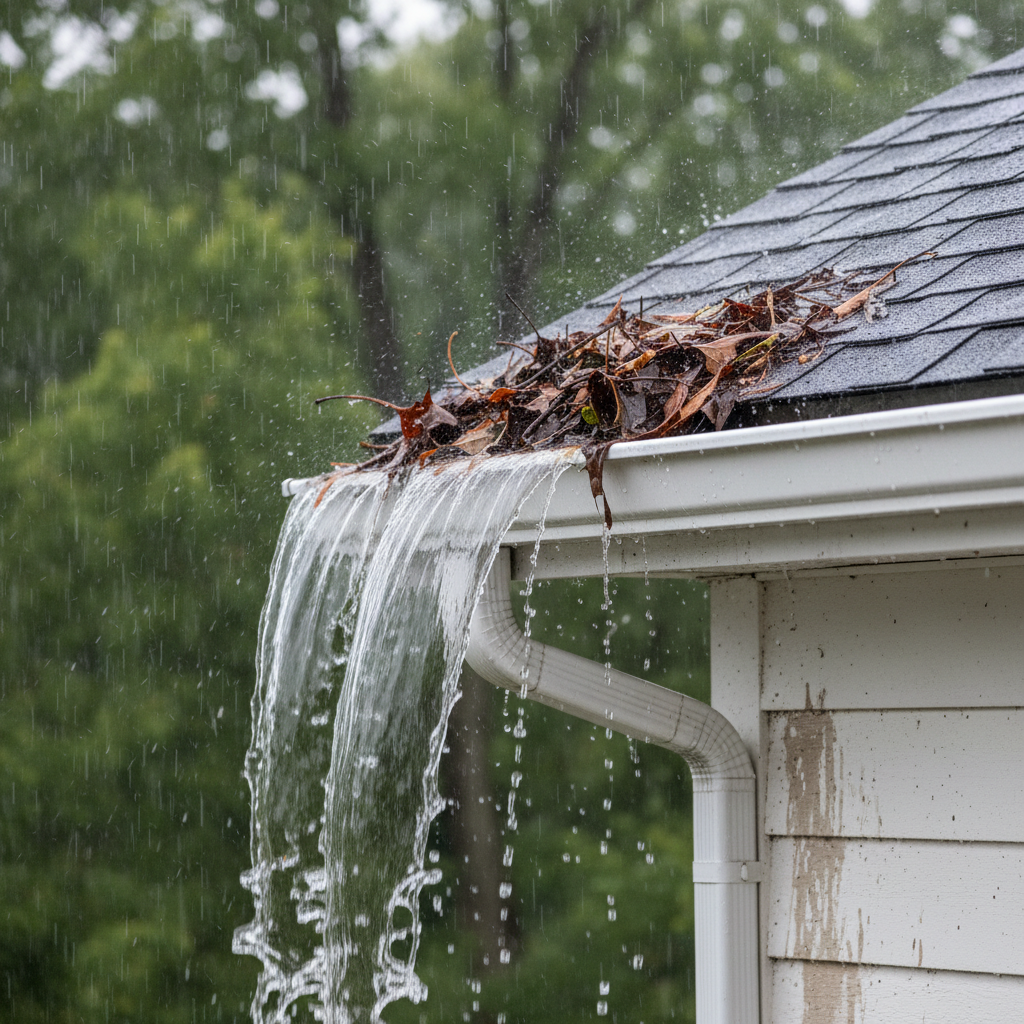 Gutter overflowing during heavy rain with leaves and debris visible