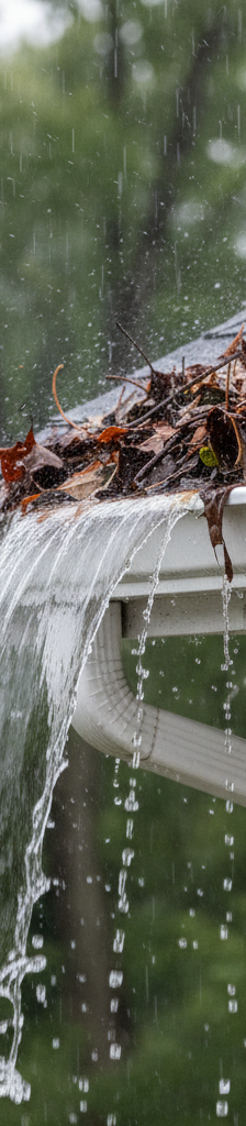 Gutter overflowing during heavy rain with leaves and debris visible