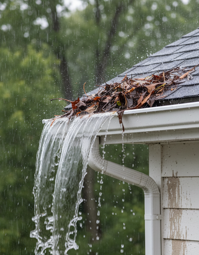 Gutter overflowing during heavy rain with leaves and debris visible