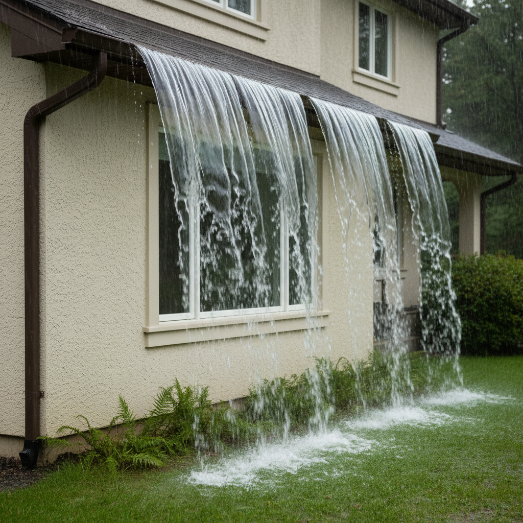 Overflowing dark brown gutters during a heavy rainstorm, water cascading down a light-colored house.