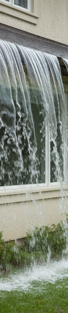 Overflowing dark brown gutters during a heavy rainstorm, water cascading down a light-colored house.