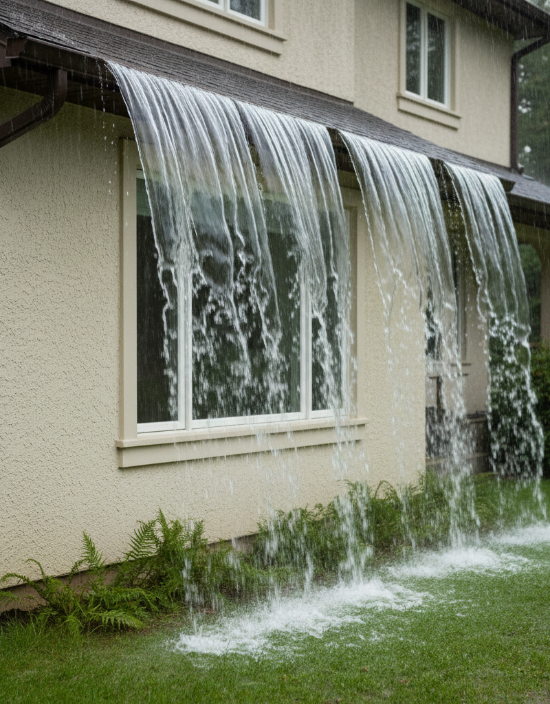 Overflowing dark brown gutters during a heavy rainstorm, water cascading down a light-colored house.