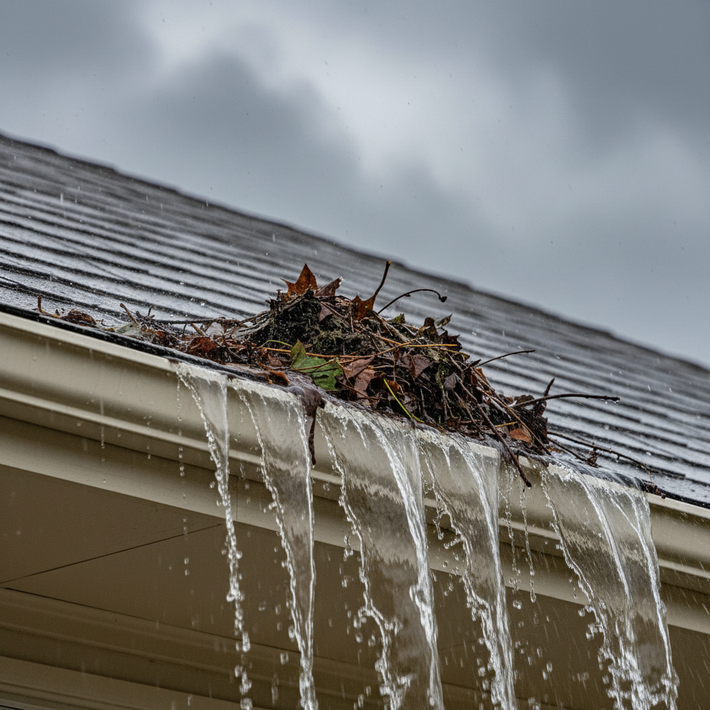 Overflowing K-style gutter during heavy rain, with leaves and water spilling over