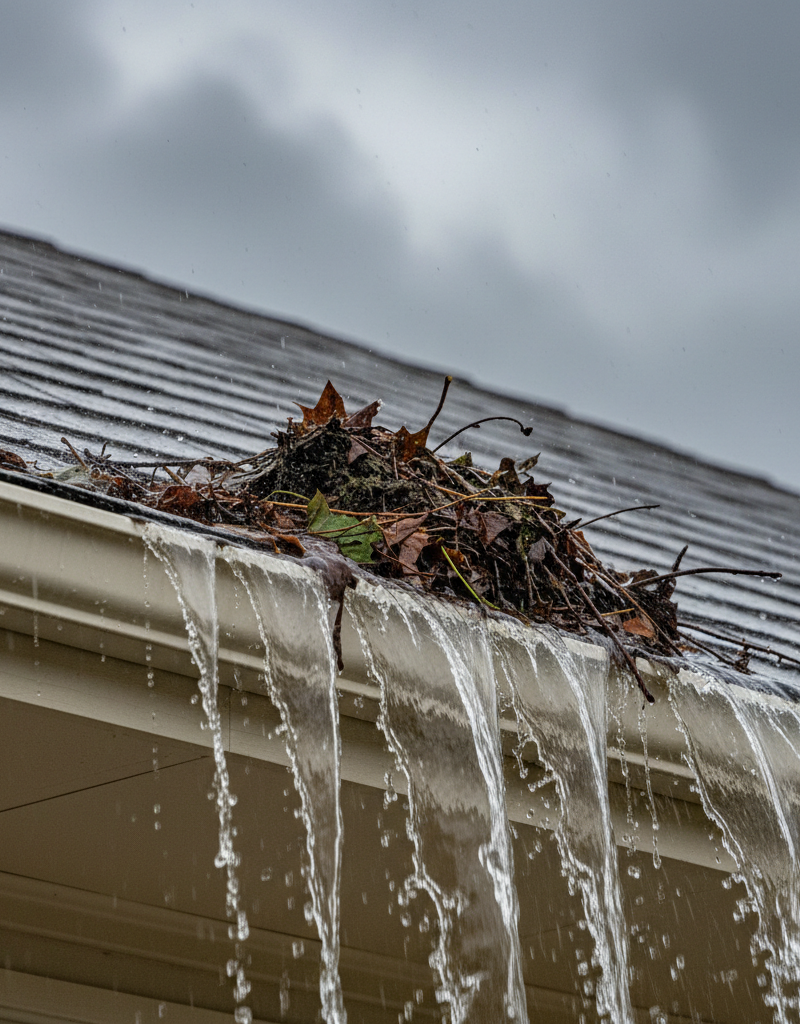 Overflowing K-style gutter during heavy rain, with leaves and water spilling over