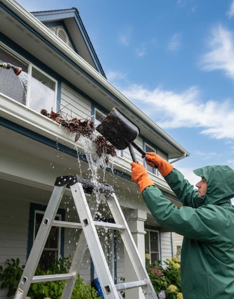 Homeowner on ladder cleaning overflowing gutter packed with leaves