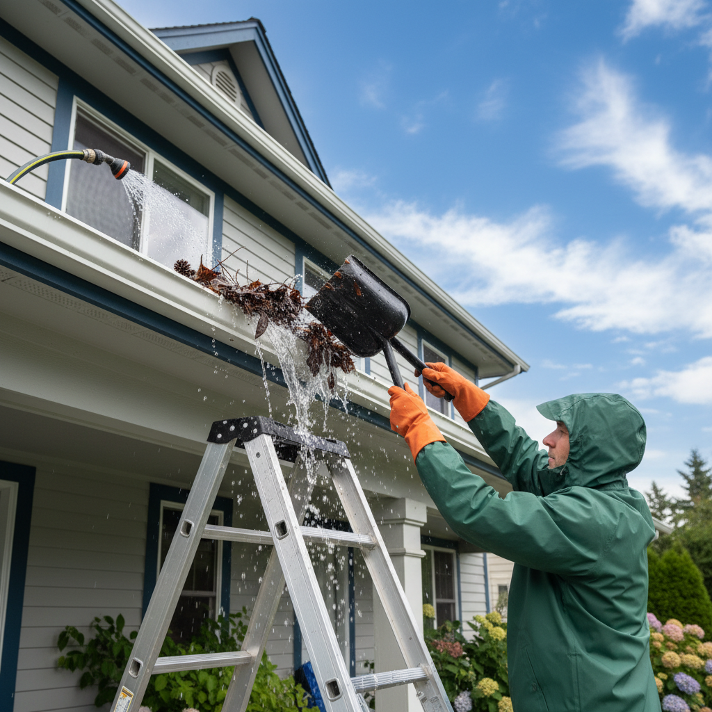 Homeowner on ladder cleaning overflowing gutter packed with leaves