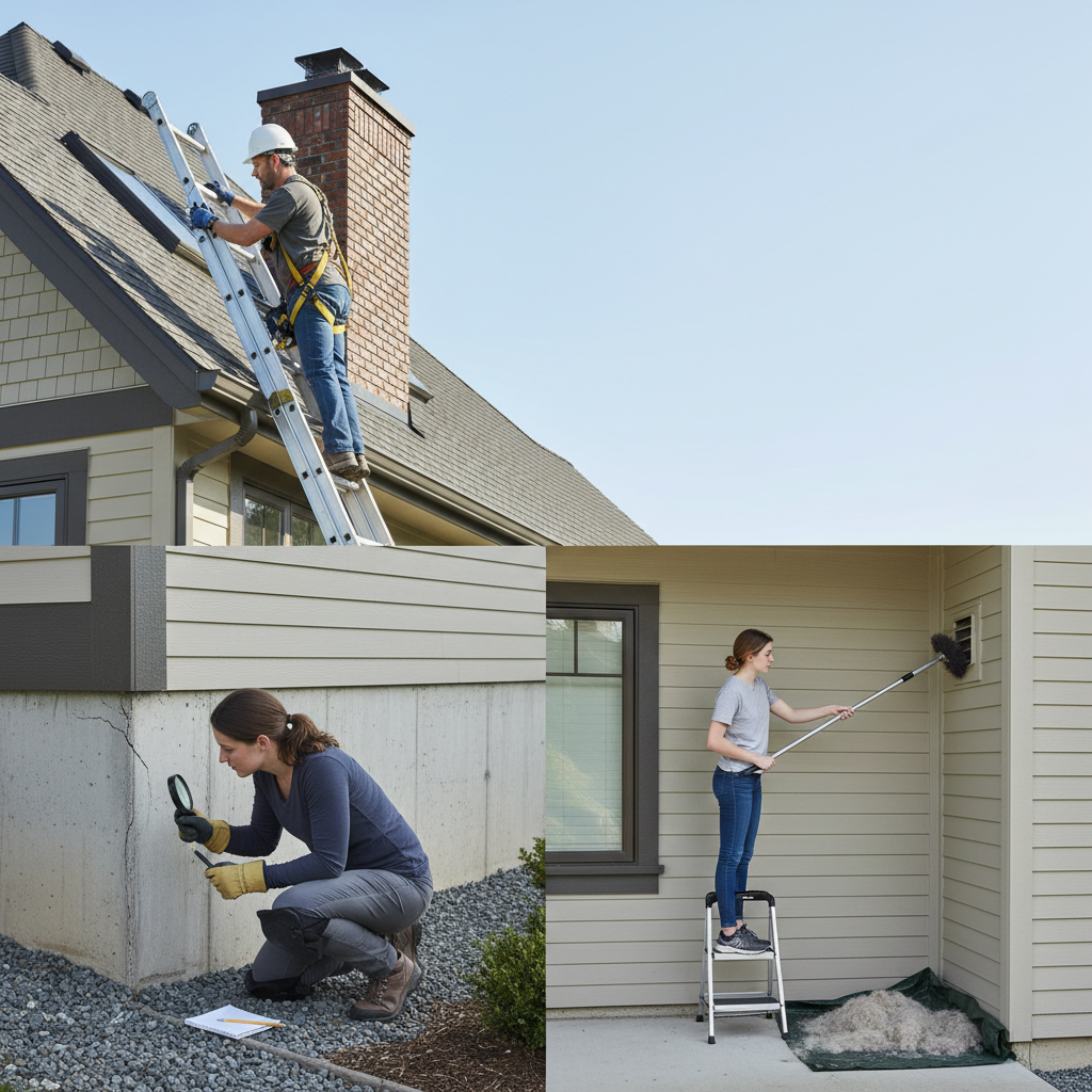 Homeowner inspecting roof flashing, foundation, and dryer vent during an annual home maintenance check.
