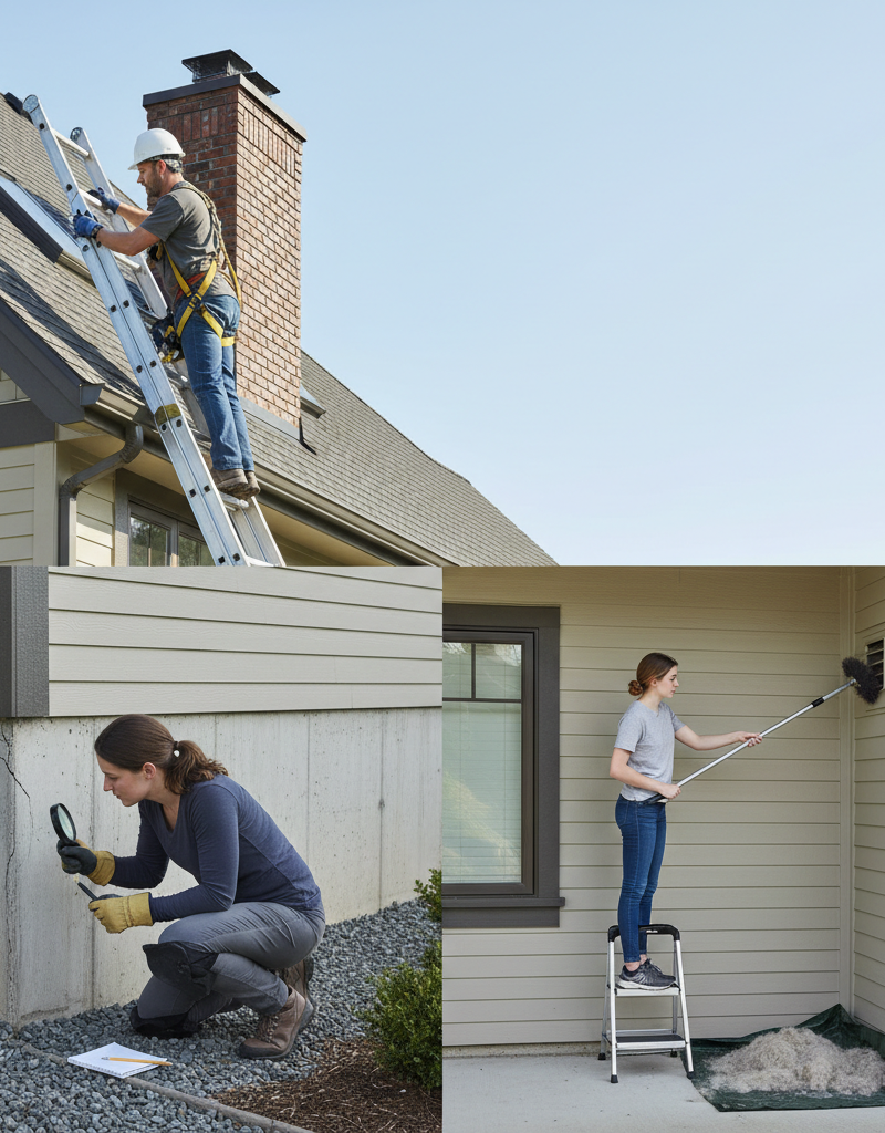 Homeowner inspecting roof flashing, foundation, and dryer vent during an annual home maintenance check.