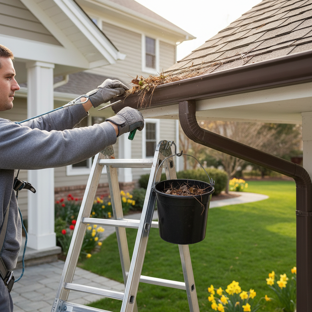 Homeowner cleaning gutters in spring, removing leaves and debris with a scoop.