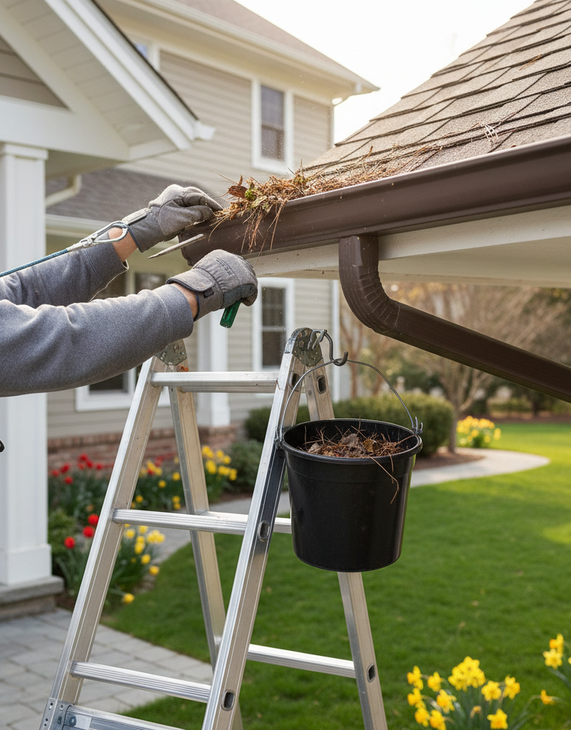 Homeowner cleaning gutters in spring, removing leaves and debris with a scoop.