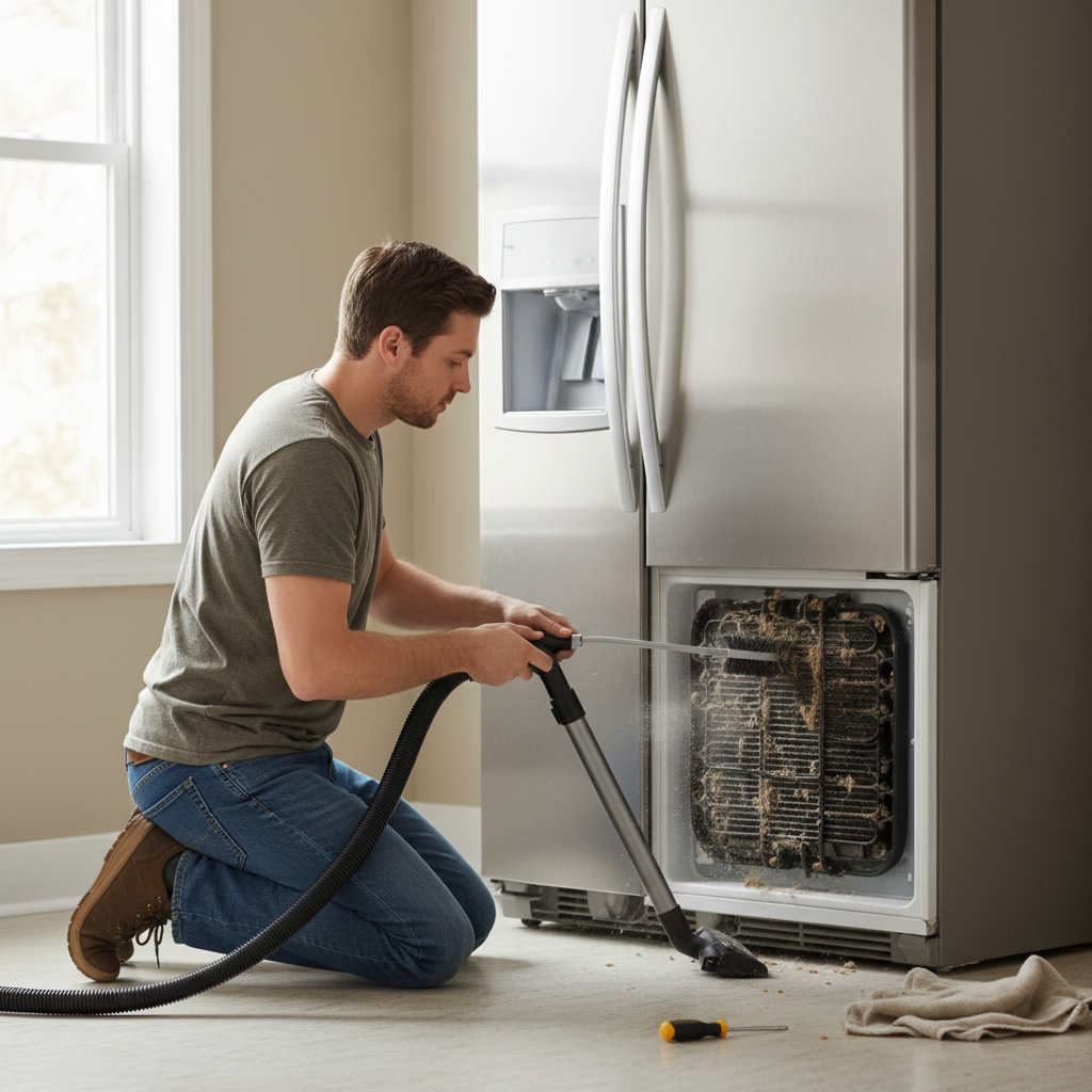 Homeowner cleaning dusty refrigerator condenser coils with a brush and vacuum.