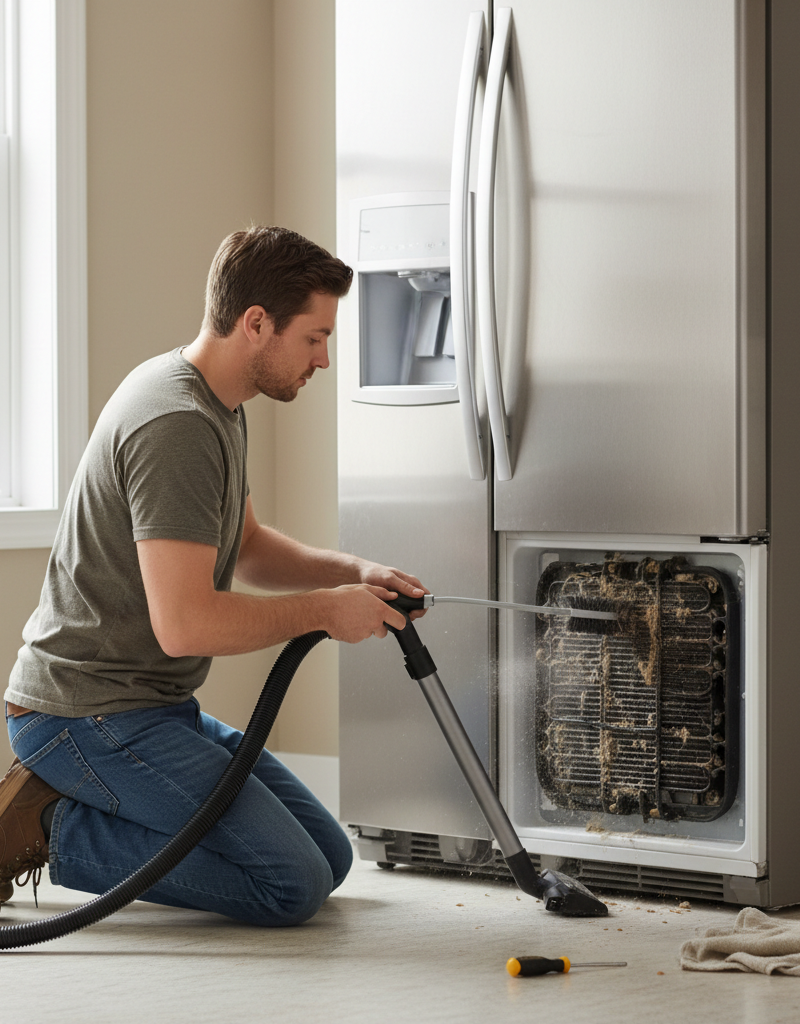 Homeowner cleaning dusty refrigerator condenser coils with a brush and vacuum.