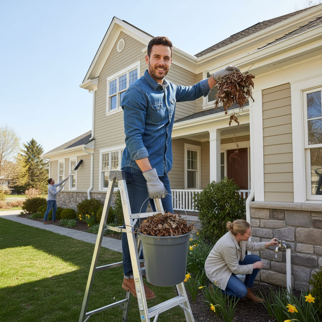 Homeowner on ladder cleaning gutters, another homeowner checking outdoor faucet, third person cleaning dryer vent—a comprehensive spring home maintenance scene.