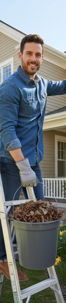 Homeowner on ladder cleaning gutters, another homeowner checking outdoor faucet, third person cleaning dryer vent—a comprehensive spring home maintenance scene.