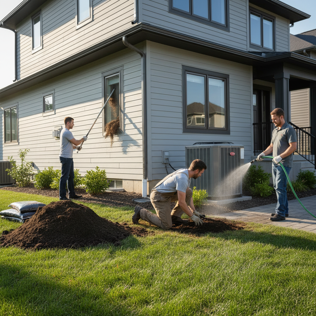 Homeowner inspecting foundation grading, cleaning a dryer vent, and cleaning an outdoor AC unit during spring maintenance.