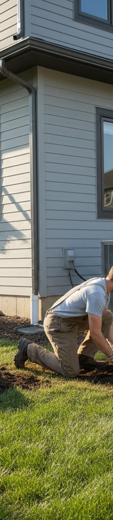 Homeowner inspecting foundation grading, cleaning a dryer vent, and cleaning an outdoor AC unit during spring maintenance.