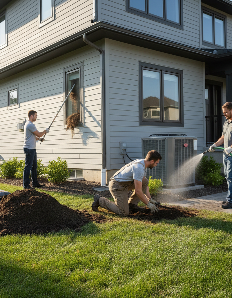 Homeowner inspecting foundation grading, cleaning a dryer vent, and cleaning an outdoor AC unit during spring maintenance.