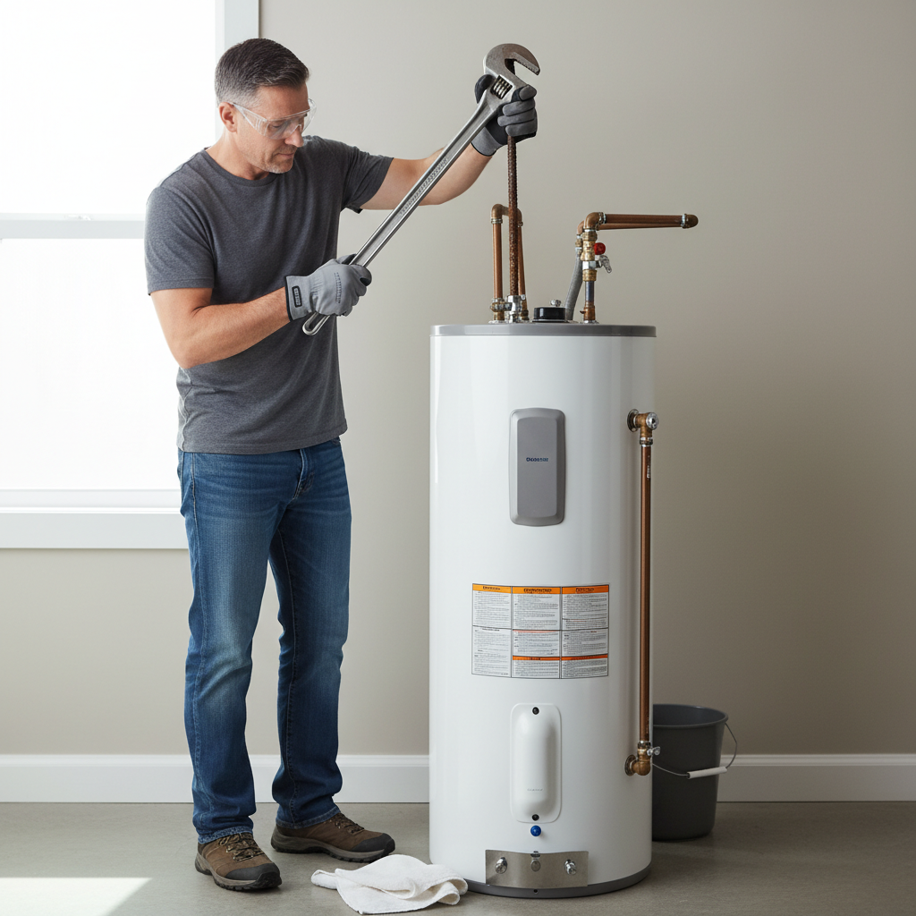 Homeowner inspecting corroded anode rod from top of water heater during spring maintenance check.