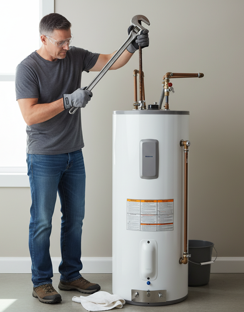 Homeowner inspecting corroded anode rod from top of water heater during spring maintenance check.