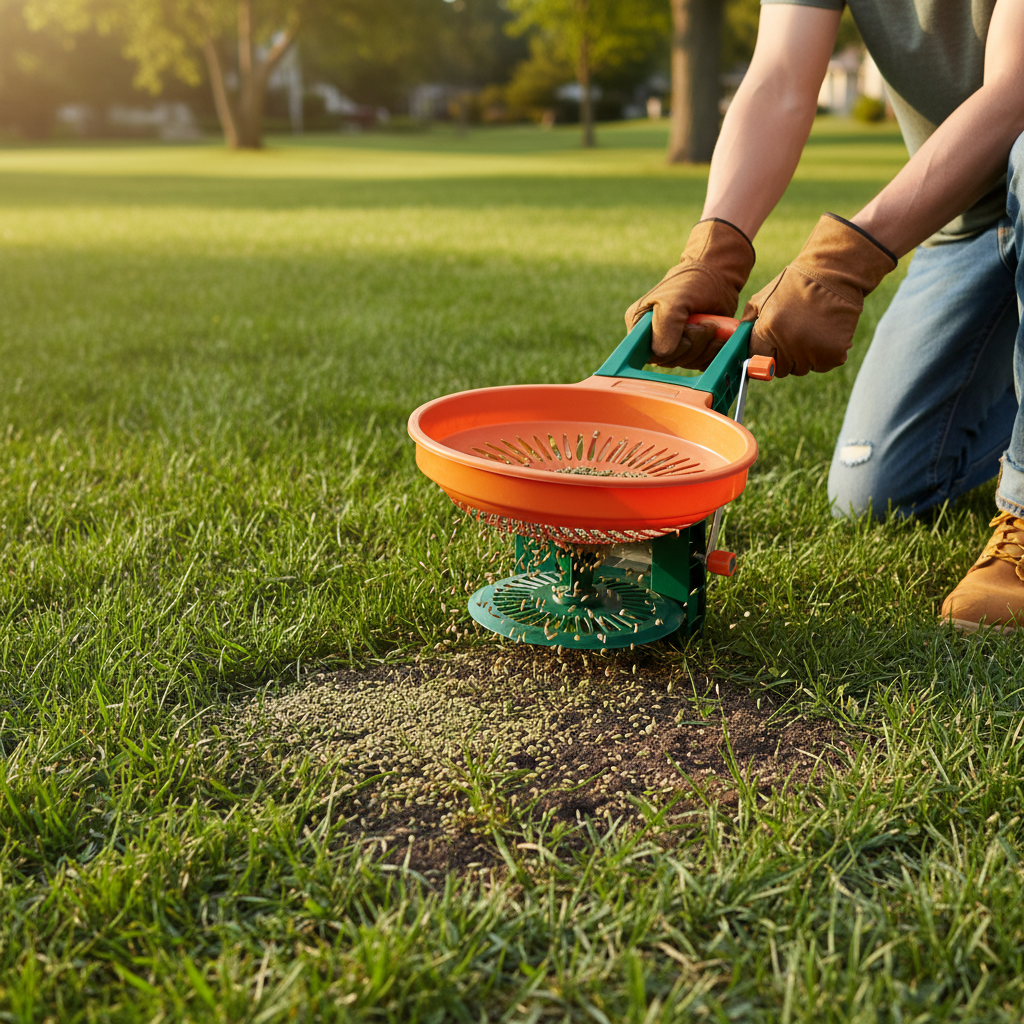 Homeowner using a broadcast spreader to overseed a thin residential lawn in late afternoon light.