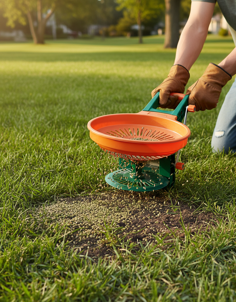 Homeowner using a broadcast spreader to overseed a thin residential lawn in late afternoon light.