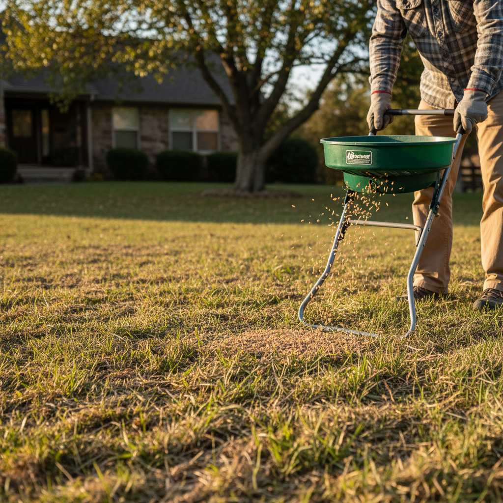 Homeowner using a broadcast spreader to overseed a thin, patchy lawn with new grass seed.