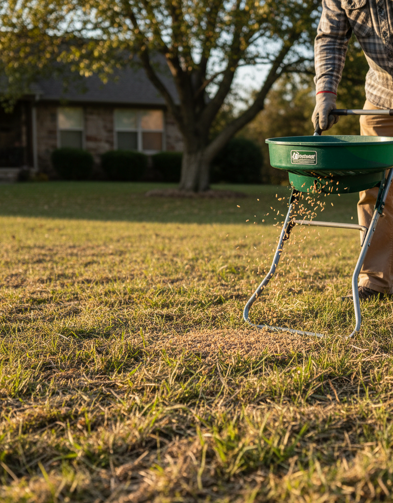 Homeowner using a broadcast spreader to overseed a thin, patchy lawn with new grass seed.