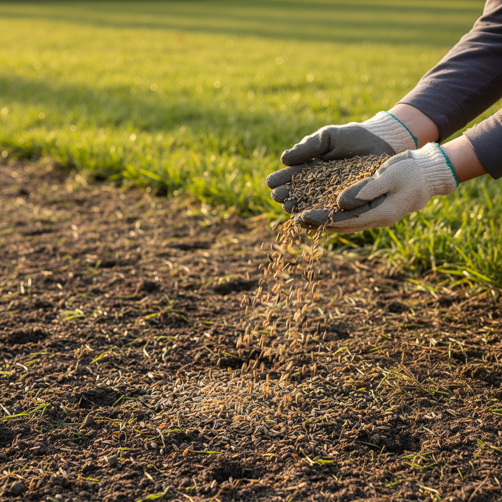 Homeowner's hands evenly spreading new grass seed over a prepared, thin lawn.