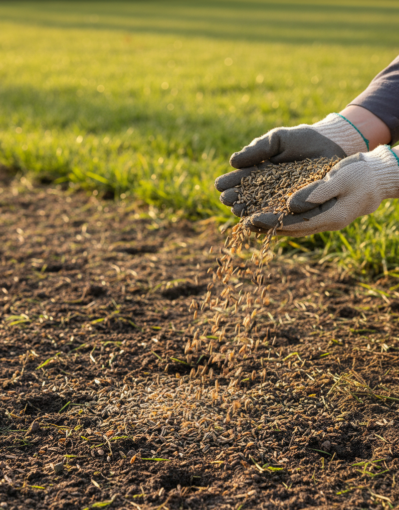 Homeowner's hands evenly spreading new grass seed over a prepared, thin lawn.