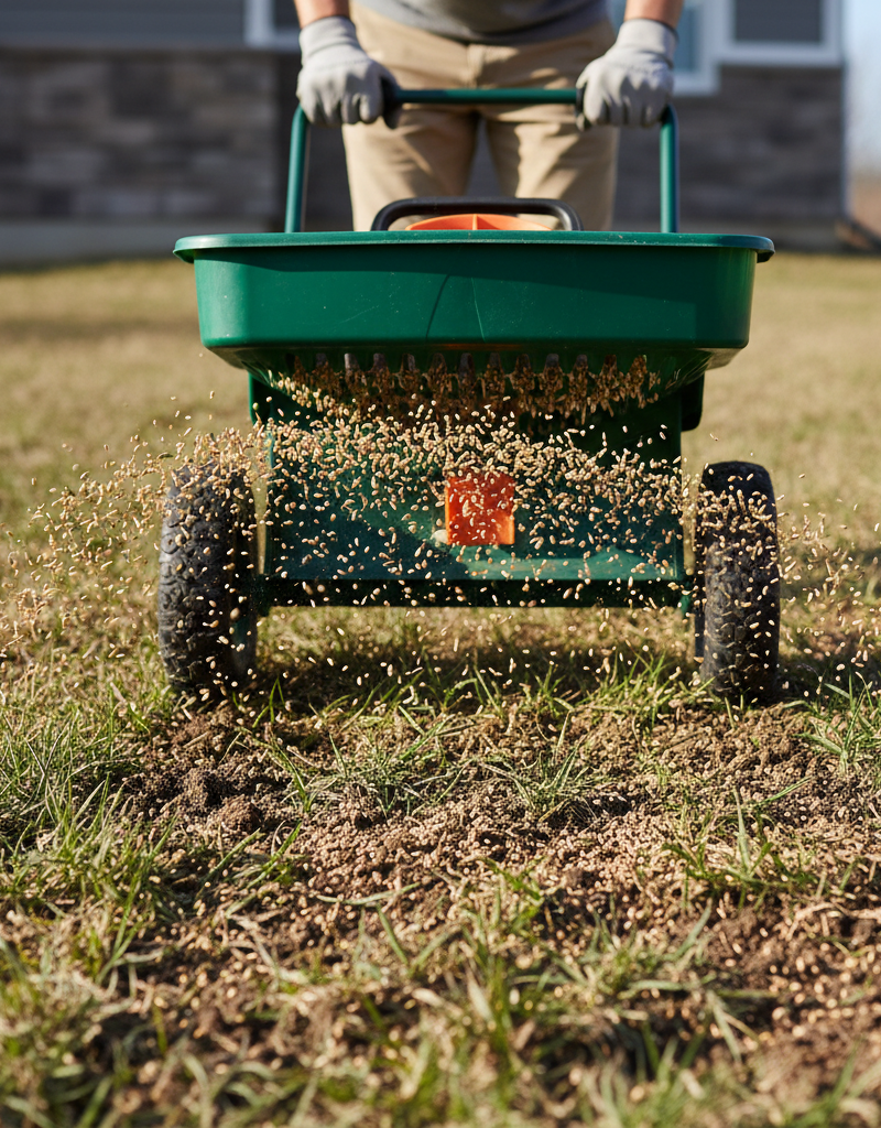 A homeowner using a broadcast spreader to overseed a slightly thin residential lawn.