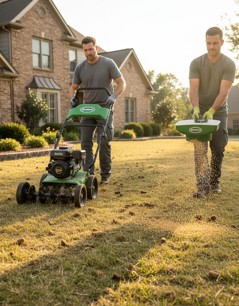 Homeowner using a core aerator and broadcast spreader to overseed a thin lawn