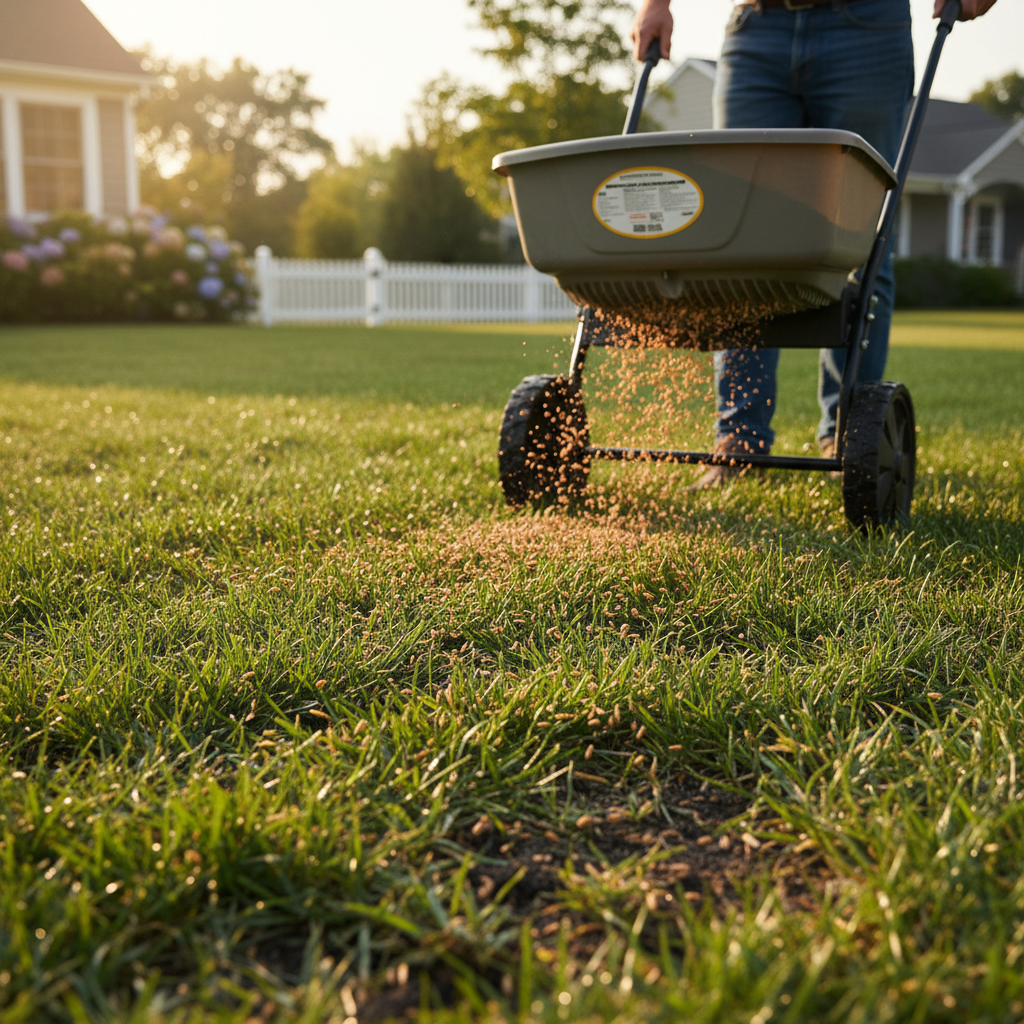 Homeowner using a broadcast spreader to overseed a slightly thin lawn in good lighting conditions.