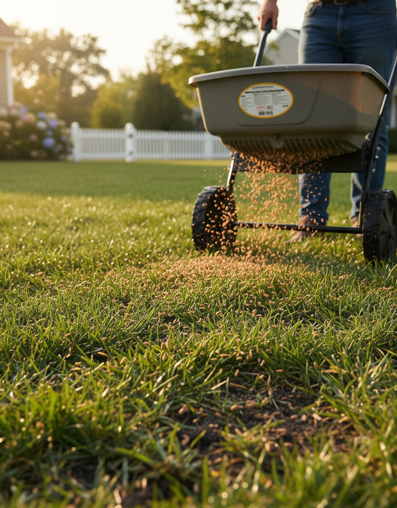 Homeowner using a broadcast spreader to overseed a slightly thin lawn in good lighting conditions.