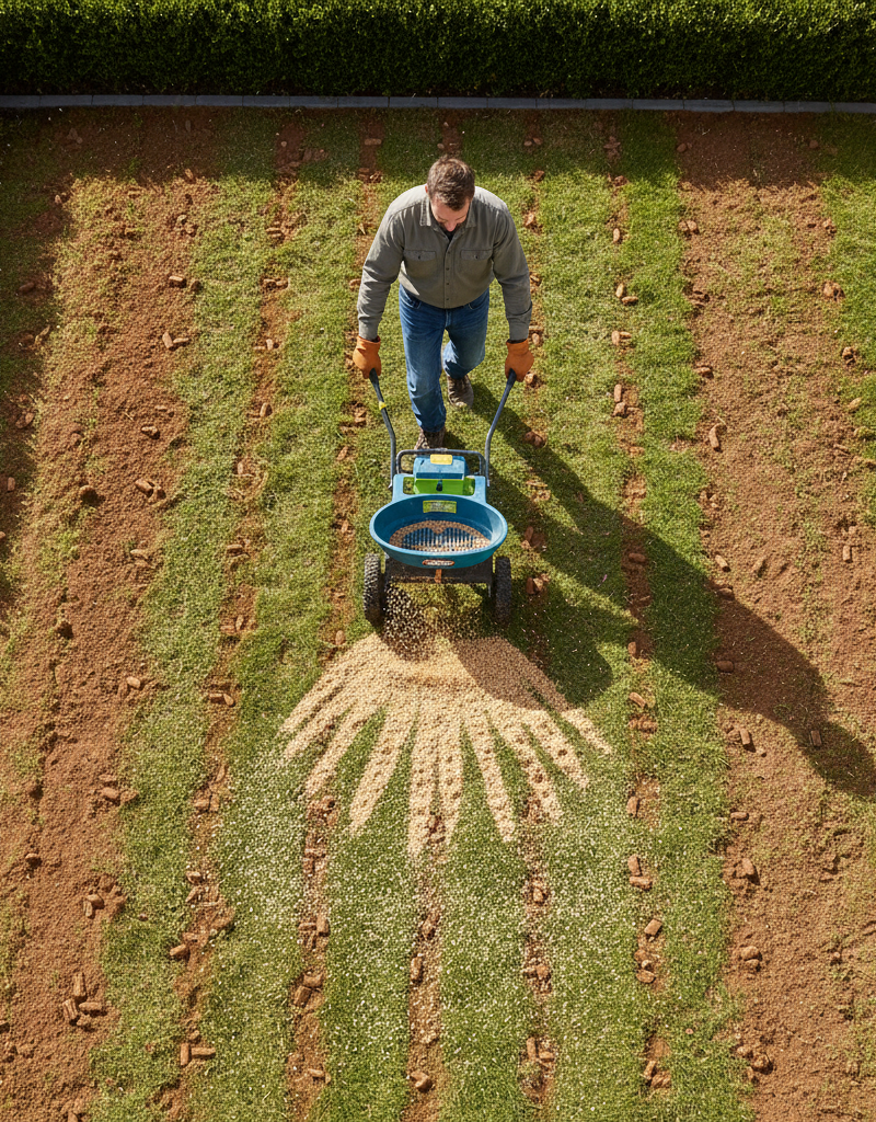 Homeowner overseeding a thin lawn with a broadcast spreader after dethatching and aeration.