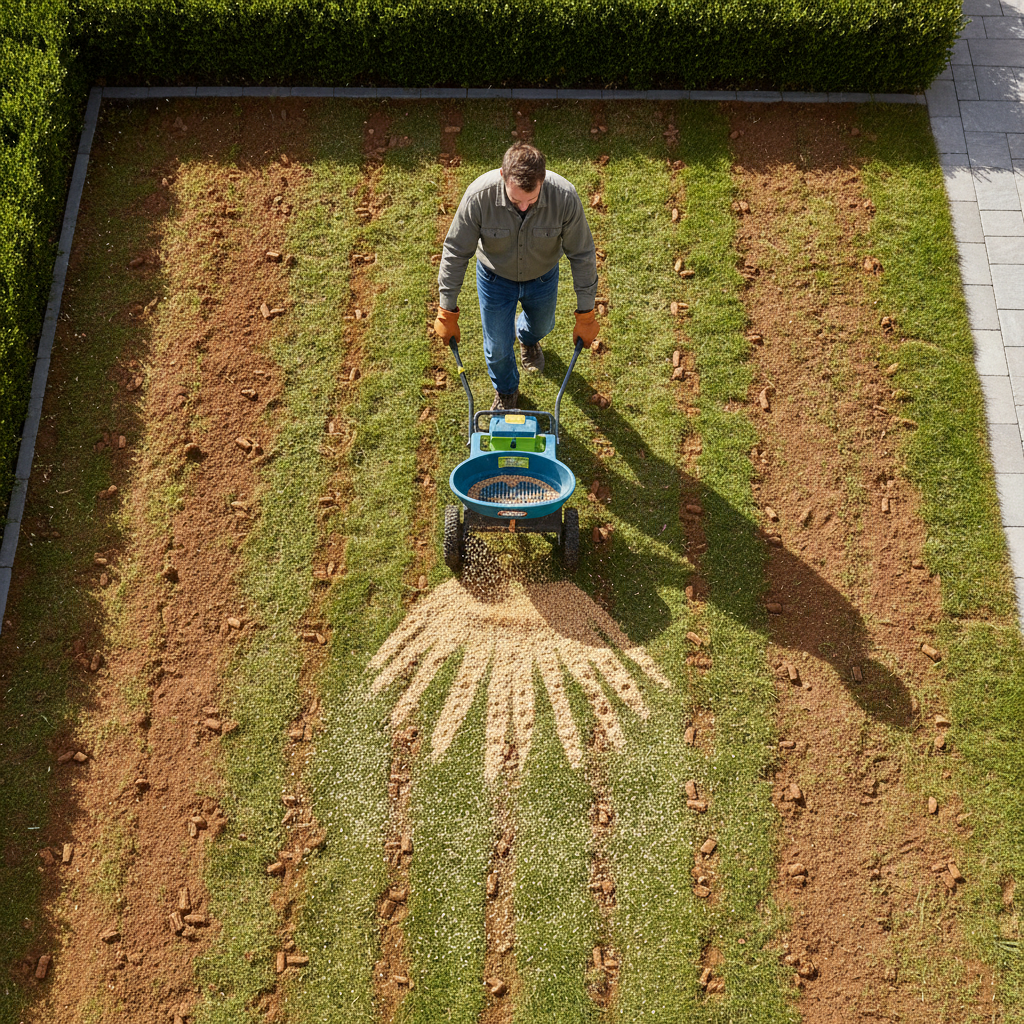 Homeowner overseeding a thin lawn with a broadcast spreader after dethatching and aeration.